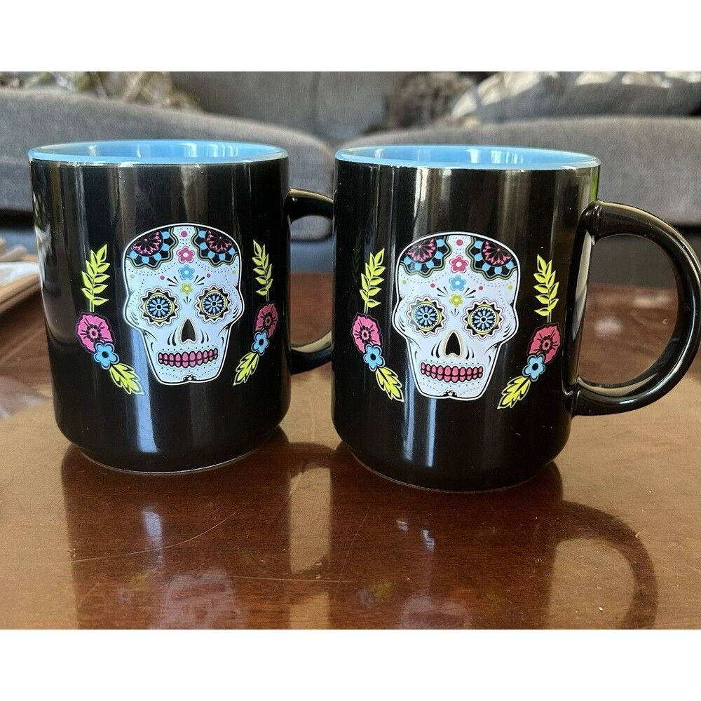 2 Sugar Skull Mug Day of the‎ Dead Large 16oz Coffee Tea Cup Black Aqua